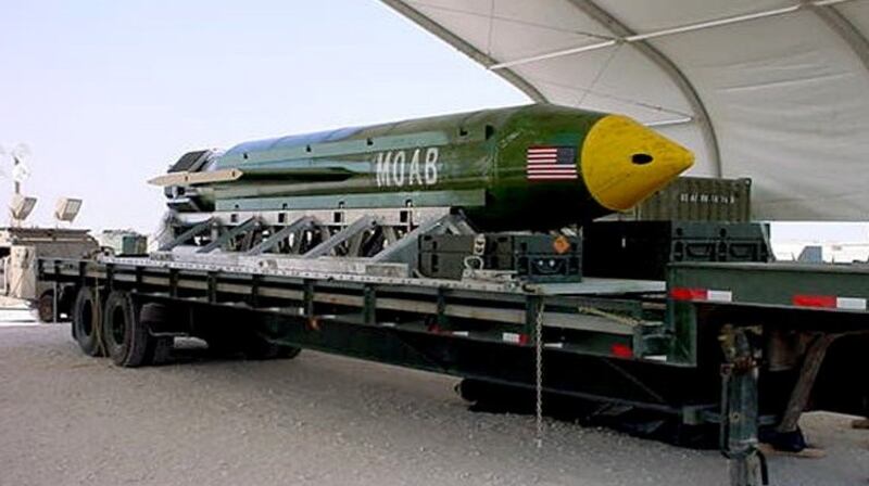 The GBU-43/B Massive Ordnance Air Blast – the largest non-nuclear bomb in the US arsenal was dropped on Afghanistan in an area with strong links to Islamic State. Photograph: Elgin Air Force Base/Reuters