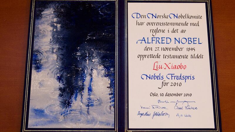 The Nobel Peace Prize certificate awarded to  Chinese dissident Liu Xiaobo in December  2010. File photograph: Berit Roald/Scanpix Norway/Reuters