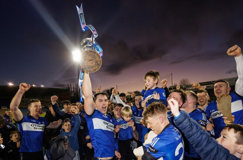 Conor O'Sullivan celebrates with the trophy after Sarsfields victory over Ballygunner in the Munster club SHC final at FBD Semple Stadium, Thurles. Photograph: James Crombie/Inpho
