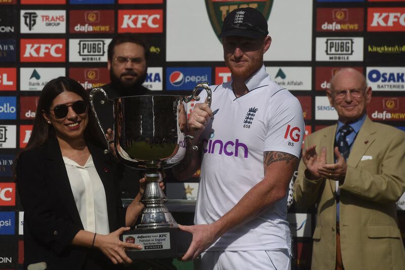 England's captain Ben Stokes receives the winning trophy during a ceremony at the end of fourth day of third test. Photograph: Asif Hassan/AFP via Getty