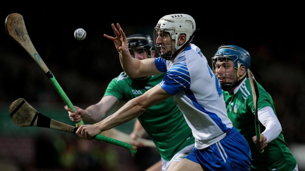Waterford’s Jack Fagan under pressure from Limerick’s Declan Hannon and Arron Costello at the Gaelic Grounds, Limerick. Photograph: Brian Reilly-Troy/Inpho