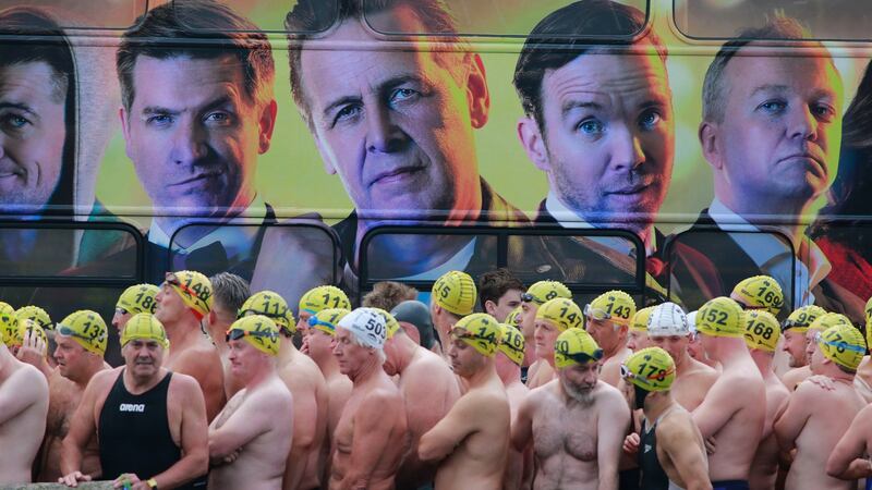 Male competitors gather at the start on Dublin’s Victoria Quay. Photograph: Nick Bradshaw/The Irish Times