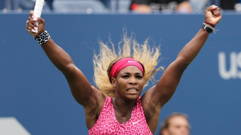 Serena Williams, of the United States, reacts after a point against Kaia Kanepi, of Estonia, during the fourth round of the 2014 U.S. Open tennis tournament, Monday, Sept. 1, 2014, in New York. (AP Photo/Charles Krupa)