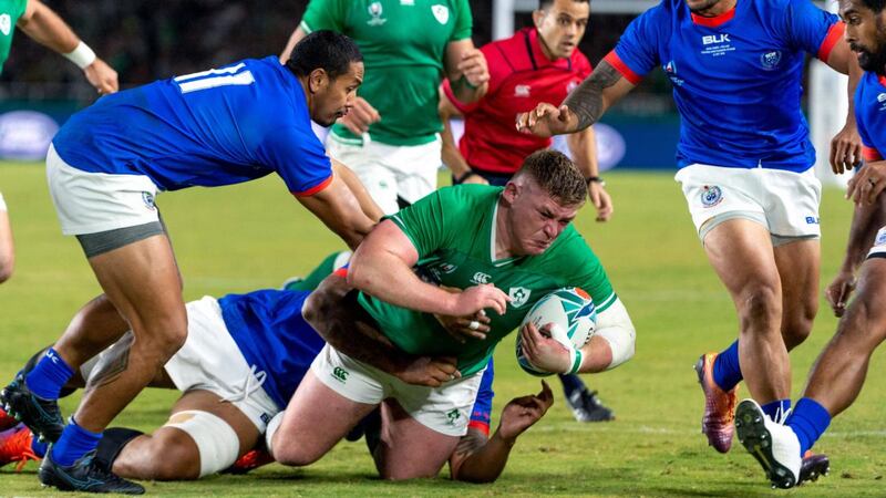 Tadhg Furlong crashes over to score for Ireland against Samoa. Photograph: Jayne Russell/Inpho