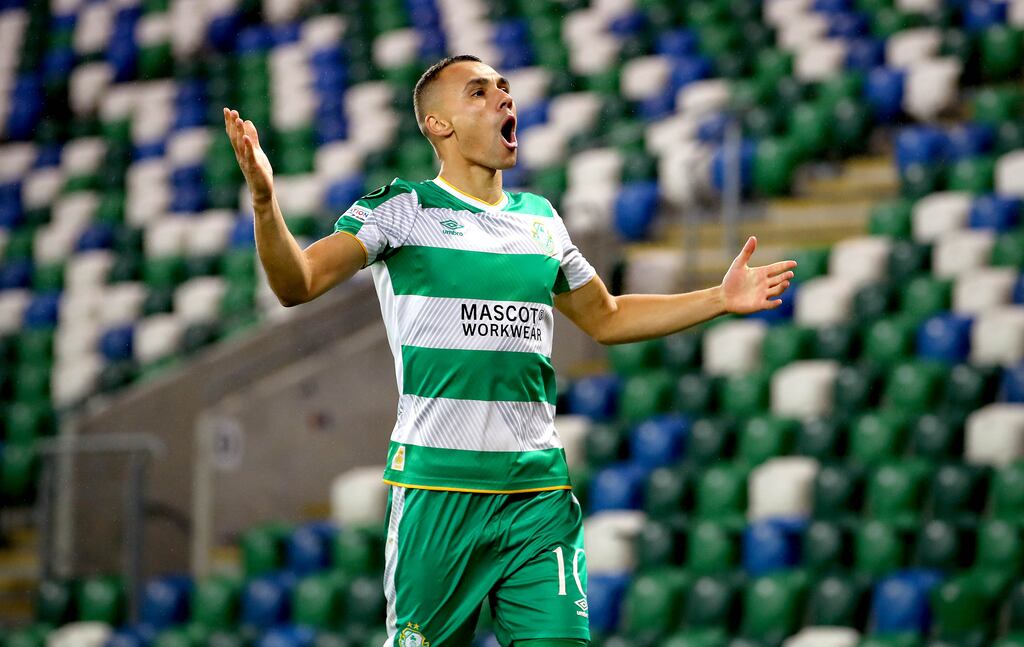 Graham Burke celebrates scoring Shamrock Rovers' fourth goal against Larne at Windsor Park in their Europa Conference League victory. Photograph: INPHO/Ryan Byrne