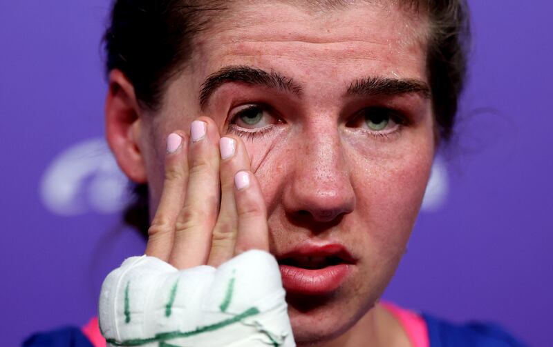 Aoife O’Rourke of Ireland is dejected after the fight. Photograph: James Crombie/Inpho