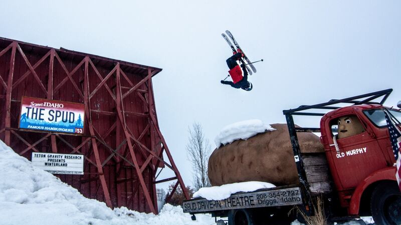 Teenage freeskier Kai Jones does a jump at the Spud drive-in theatre in Driggs, Idaho. Photograph: Max Ritter/Teton Gravity Research