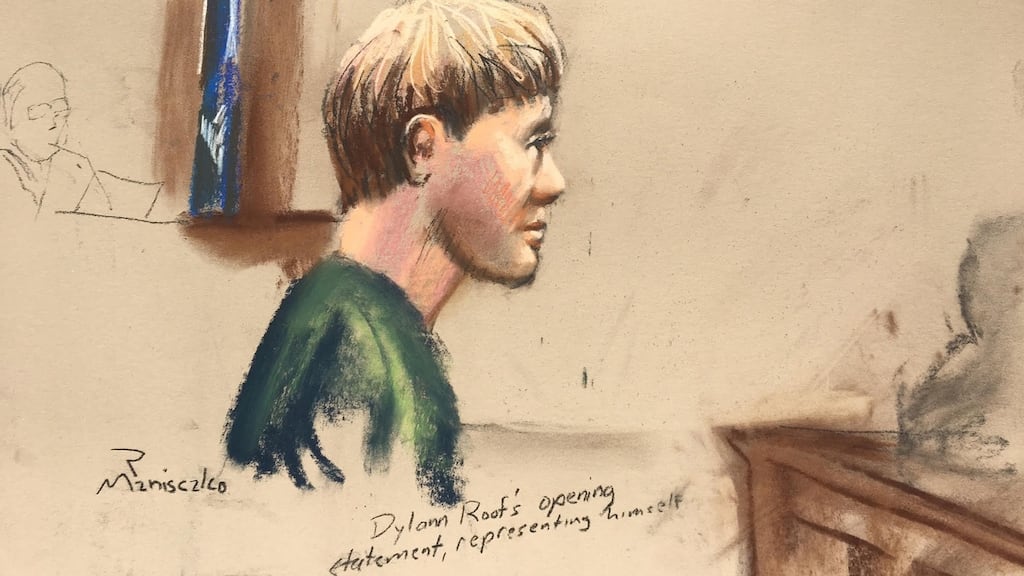 Dylann Roof makes his opening statement at his death penalty trial in this courtroom sketch in Charleston, South Carolina, US. Image: Robert Maniscalco/Reuters