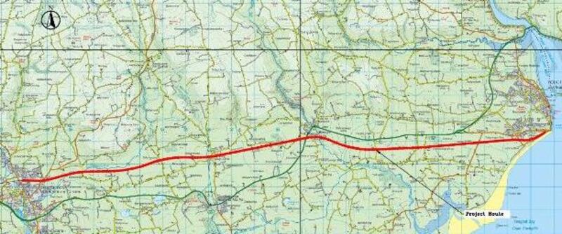 The proposed greenway route, between Youghal station on the coast, and Midleton further inland