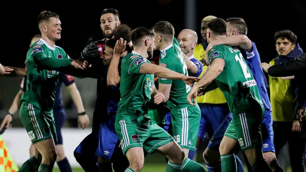 Tempers flare between both sides as Waterford took on Cork in the Airtricity League. Photo: Laszlo Geczo/Inpho