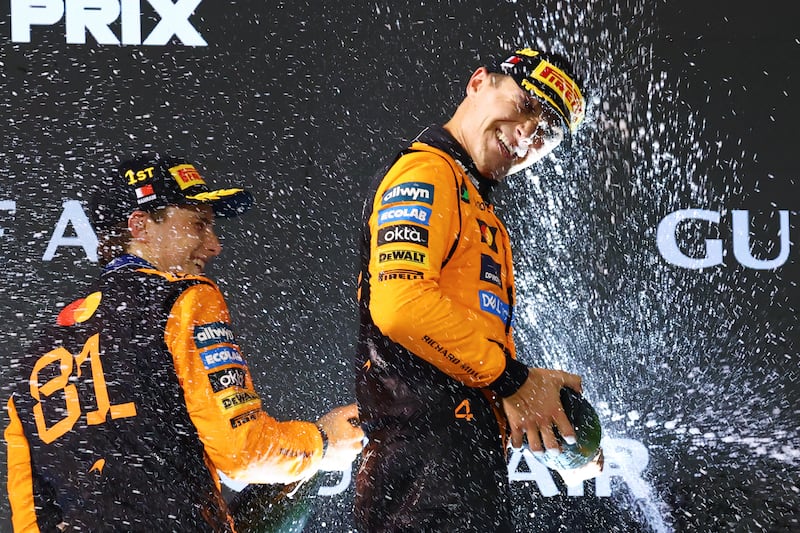 Oscar Piastri (left) celebrates his victory in the Bahrain Grand Prix in April with McLaren teammate Lando Norris, who finished third. Photograph: Clive Rose/Getty Images