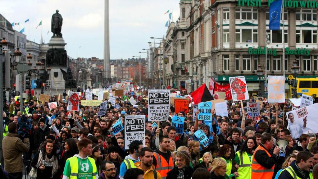 Students protesting in Dublin against third level fees. Photograph: Julien Behal/PA Wire