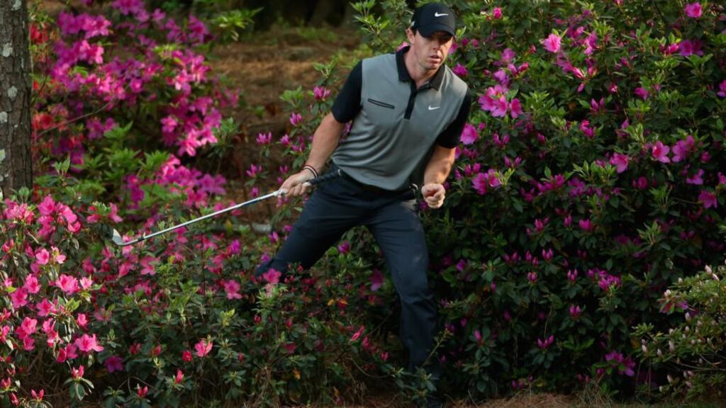 Rory McIlroy walks out of the azaleas  behind the 13th green during the second round of the 2014 Masters at Augusta National in Augusta, Georgia. Photograph:  Andrew Redington/Getty Images