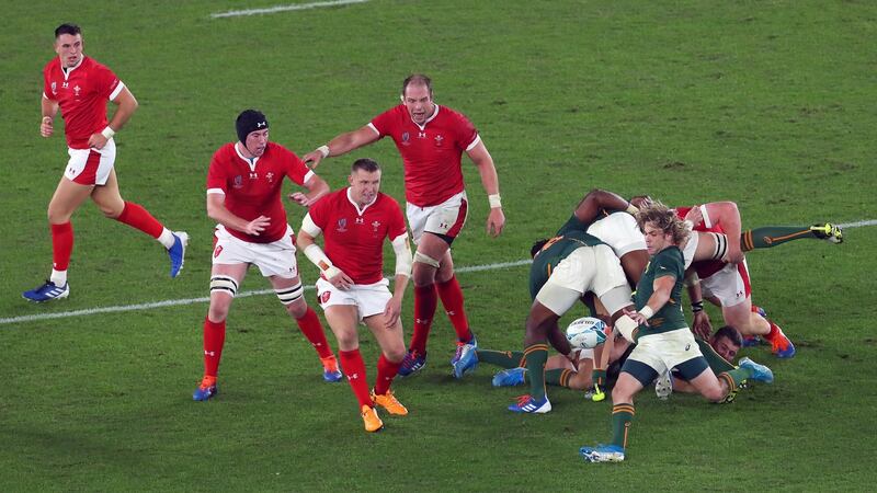 Faf de Klerk clears the ball during South Africa’s win over Wales. Photograph: Shaun Botterill/Getty
