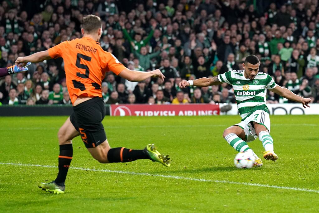 Giorgos Giakoumakis scores Celtic's opening goal during the Champions League match against Shakhtar Donetsk at Celtic Park. Photograph: Andrew Milligan/PA Wire