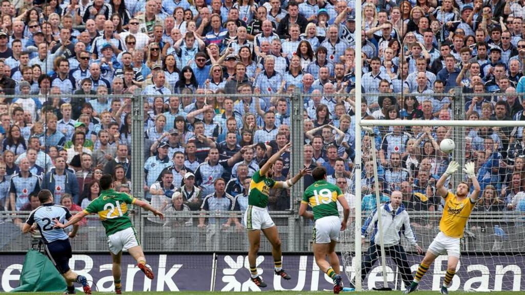 Dublin’s Kevin McManamon score his side’s second goal of the game. Photograph: Ryan Byrne/Inpho