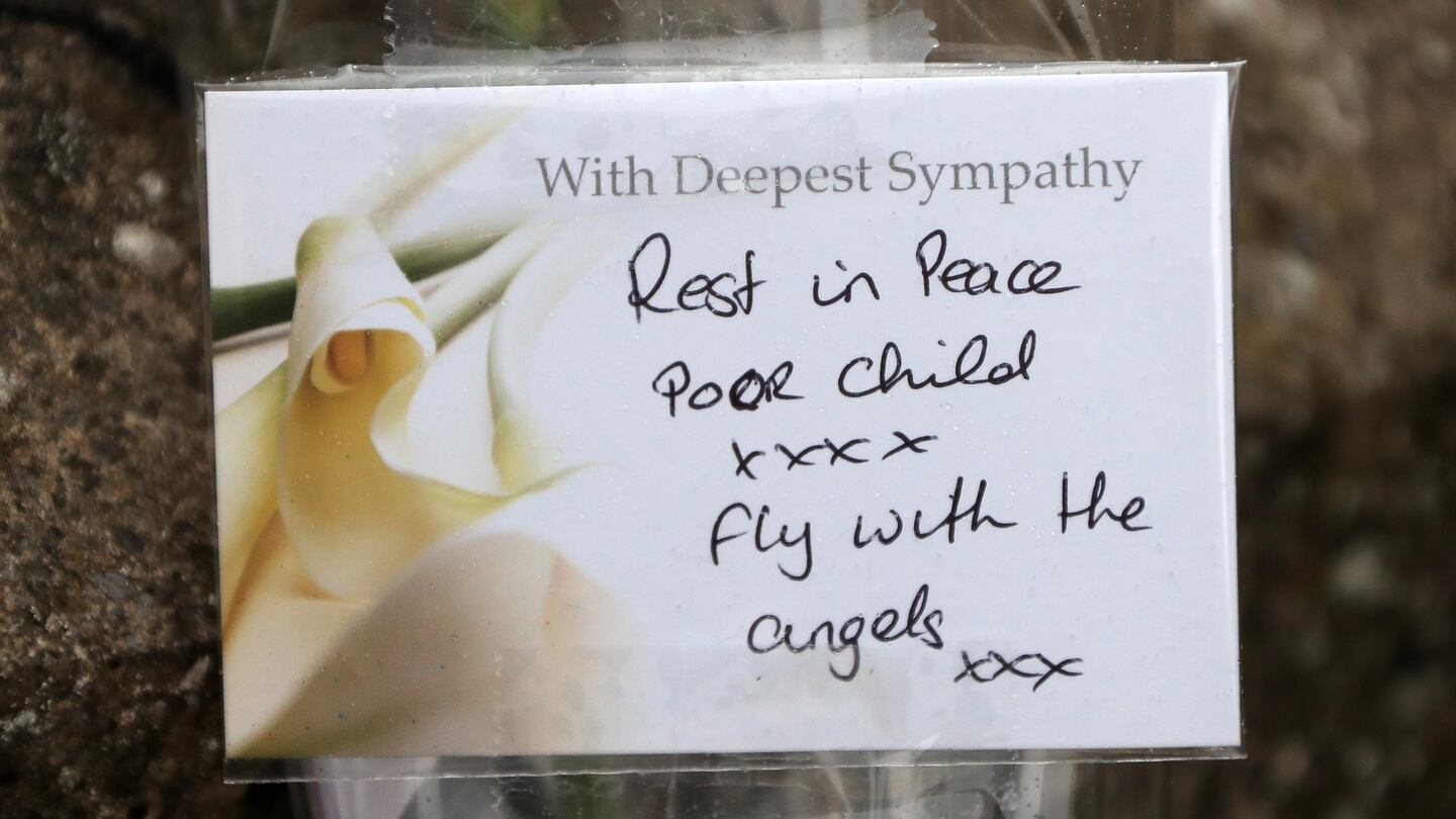 A message on flowers at the scene  at the Riverside apartment complex, Kimmage where the body of a three year old child was discovered. Photograph: Colin Keegan, Collins Dublin.