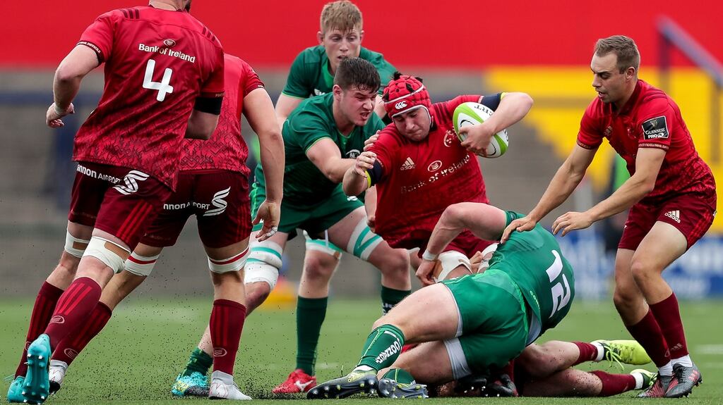 Munster’s John Hodnett is tackled by Peter Robb of Connacht during the Celtic Cup match last weekend. Photo: Laszlo Geczo/Inpho