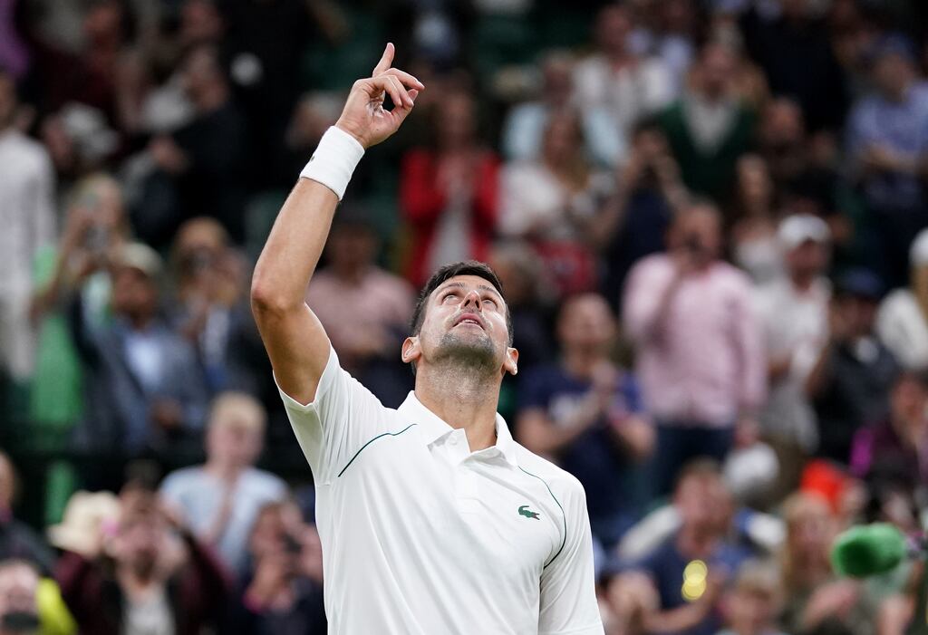 Novak Djokovic celebrates victory over Tim van Rijthoven in his fourth-round match at Wimbleon. Photograph: Adam Davy/Pa Wire