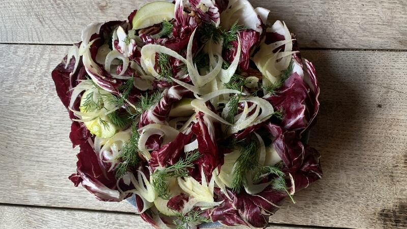 Florence fennel, radicchio and apple salad with roasted pecans.