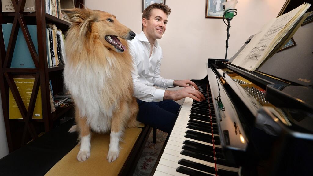 Fiachra Garvey rehearsing at home in Ballyknockan, Co Wicklow with his sheep dog Luas. He set up the West Wicklow Festival. Photograph: Cyril Byrne/The Irish Times