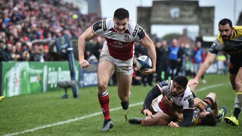 Ulster’s Jacob Stockdale scores his side’s second try during the European Rugby Champions Cup game against La Rochelle at Kingspan Stadium. Photograph: Charles McQuillan/Getty Images