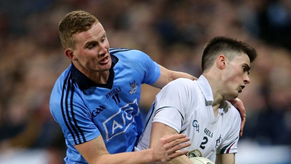 Dublin’s Ciaran Kilkenny tackles Kildare’s during March’s league clash at Croke Park, a game in which Kilkenny sustained a cruciate ligament tear. Photograph: Inpho