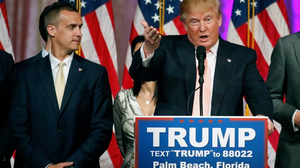 Trump campaign manager Corey Lewandowski (left) stands next to Republican US presidential candidate Donald Trump during a news conference in Palm Beach, Florida, in this file photo taken March 15th, 2016. File photograph: Joe Skipper/Reuters
