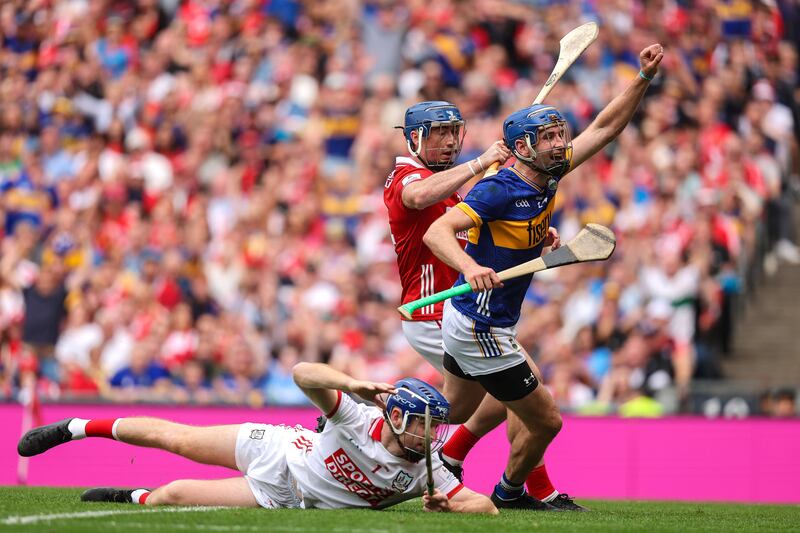 Tipperary's John McGrath celebrates scoring his side's third goal - with his finishing Tipp would not be champions. Photograph: Bryan Keane/Inpho
