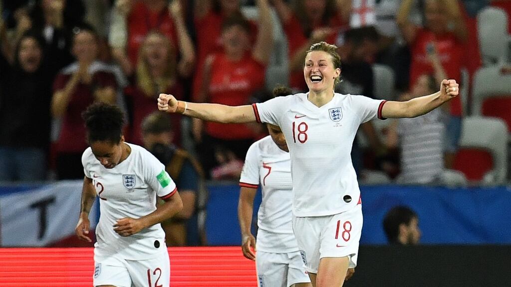 Ellen White celebrates her second goal in England’s 2-0 win over Japan. Photograph: Christophe Simone/AFP/Getty