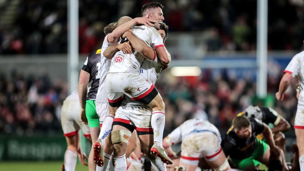 Ulster’s John Cooney celebrates at the final whistle with Louis Ludik after his late penalty secured victory over Harlequins in the Heineken Champions Cup game at the Kingspan stadium in Belfast. Photograph: Laszlo Geczo/Inpho