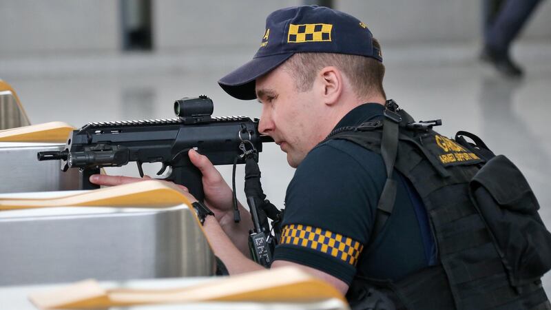 Members of the Garda Armed Support at Spencer Dock train station during Friday’s simulation. Photgraph: Collins