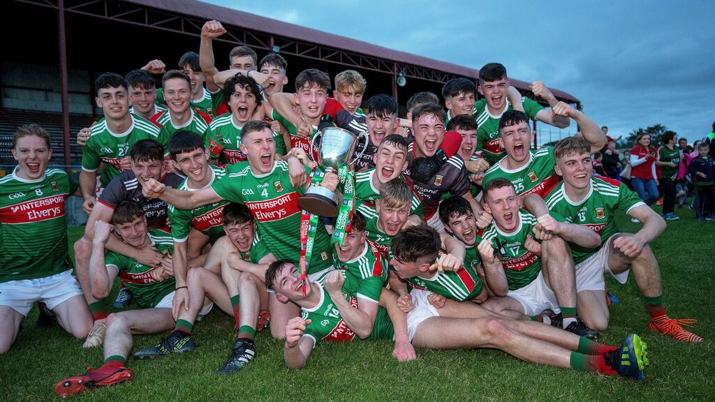Mayo celebrate their Connacht MFC final win over Galway in Tuam. Photograph: Laszlo Geczo/Inpho