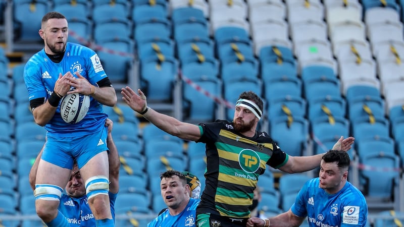 Josh Murphy claims a lineout during Leinster’s Champions Cup win over Northampton. Photograph: Dan Sheridan/Inpho