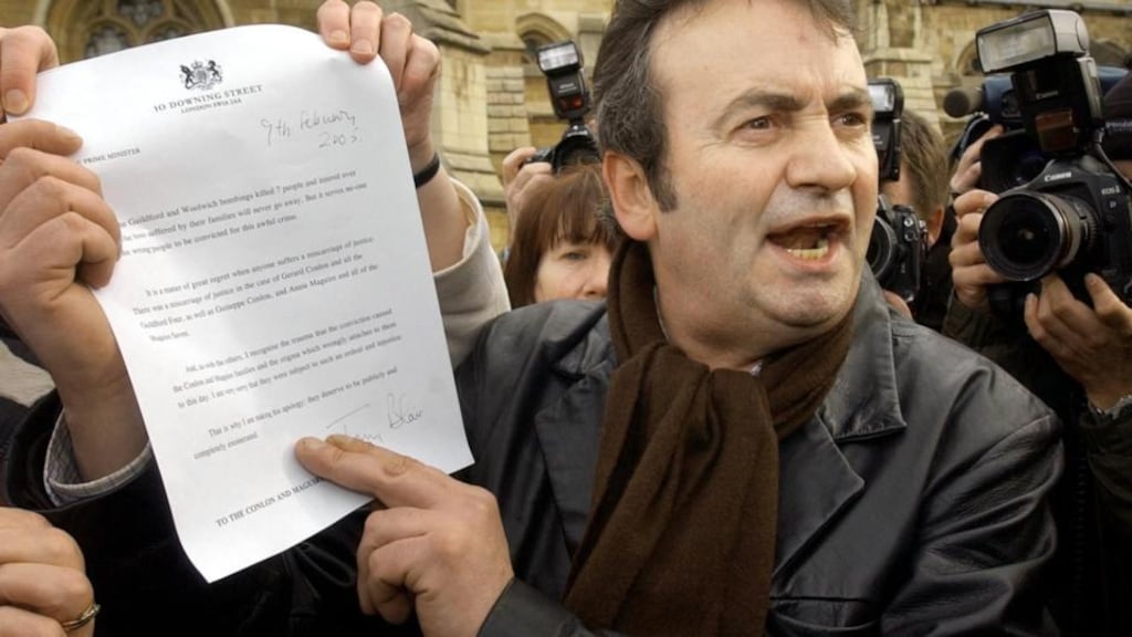 Gerry Conlon shows the letter of apology he received from then prime minister Tony Blair, in 2005. Photograph: Stefan Rousseau/PA