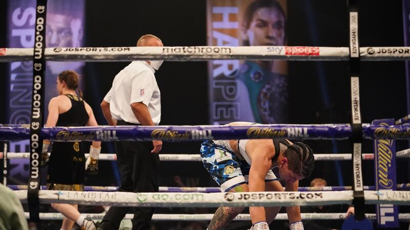 Katie Taylor walks away after knocking Miriam Gutierrez down in the fourth round. Photo: Dave Thompson/Matchroom Boxing/Inpho