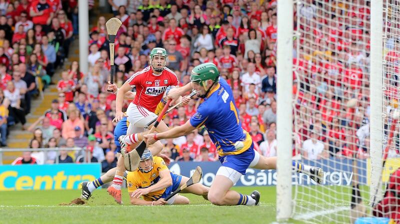 Cork’s Alan Cadogan scores the opening goal against Clare in the Munster final. Photo: Cathal Noonan/Inpho