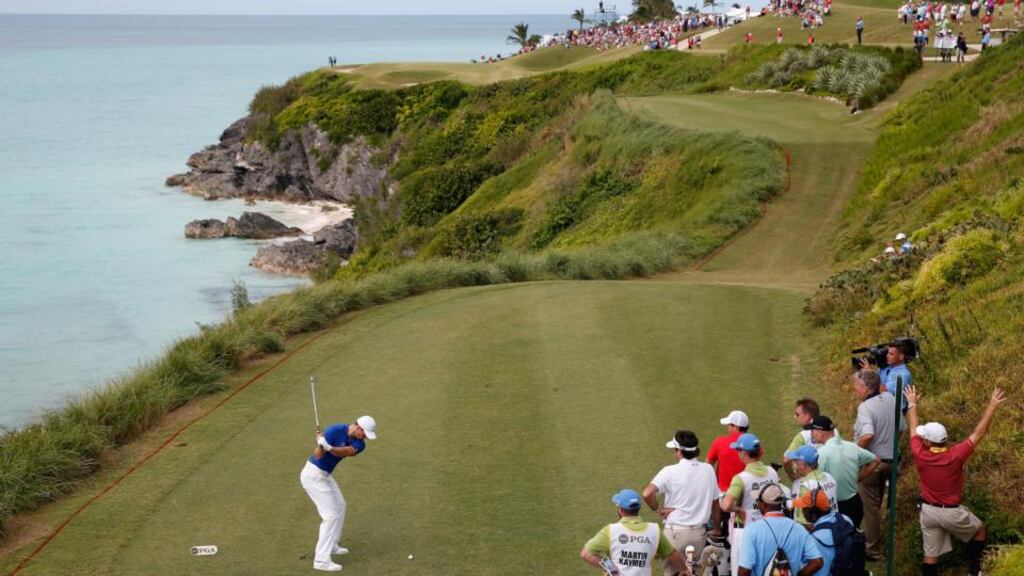 Martin Kaymer of Germany hits his tee shot on the par-3 16th hole during the first round of the PGA Grand Slam of Golf at Port Royal Golf Course in Southampton, Bermuda. Photograph: Scott Halleran/Getty Images