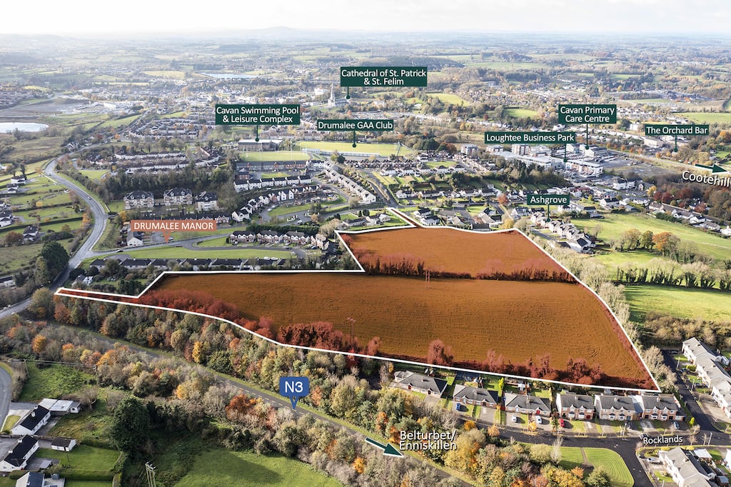 An aerial view of the land at Drumalee shows its location in an established residential area on the outskirts of Cavan Town.