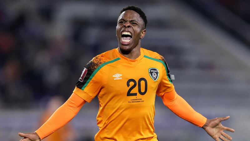Ireland’s Chiedozie Ogbene celebrates scoring a goal against Luxembourg at the Stade de Luxembourg last Sunday. Photograph: Laszlo Geczo/Inpho