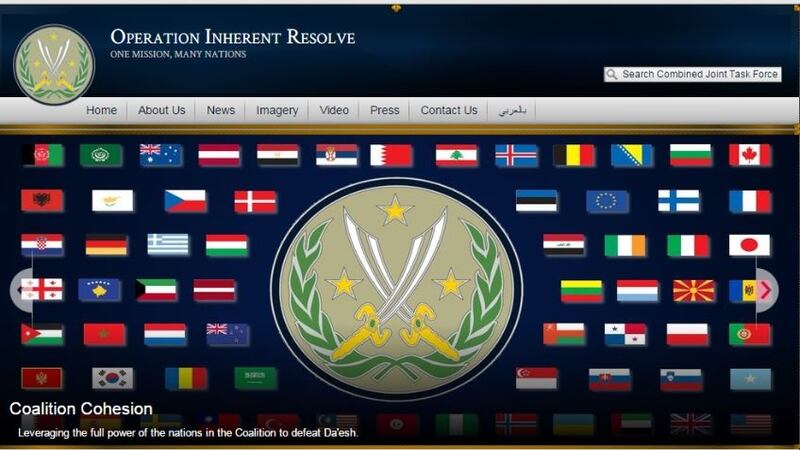 An image from the Operation Inherent Resolve website taken before the removal of the Irish Tricolour. The Irish national flag is situated in the third row from the top, third from the extreme right.
