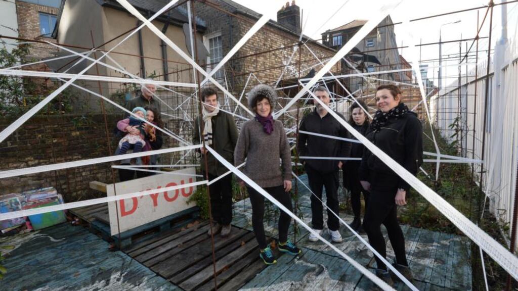 Landscape architect Sophie von Maltzan, centre, with fellow artists and friends in the Smithfield Art Tunnel. Photograph: Brenda Fitzsimons/The Irish Times