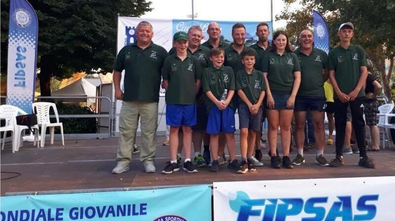 Ireland’s youth coarse angling team with mentors at world championships in Modena, Italy.