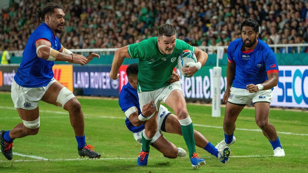 Johnny Sexton has again showed how vital he is to Ireland’s cause on the pitch during thei Rugby World Cup. Photograph: Hiroshi Yamamura/EPA