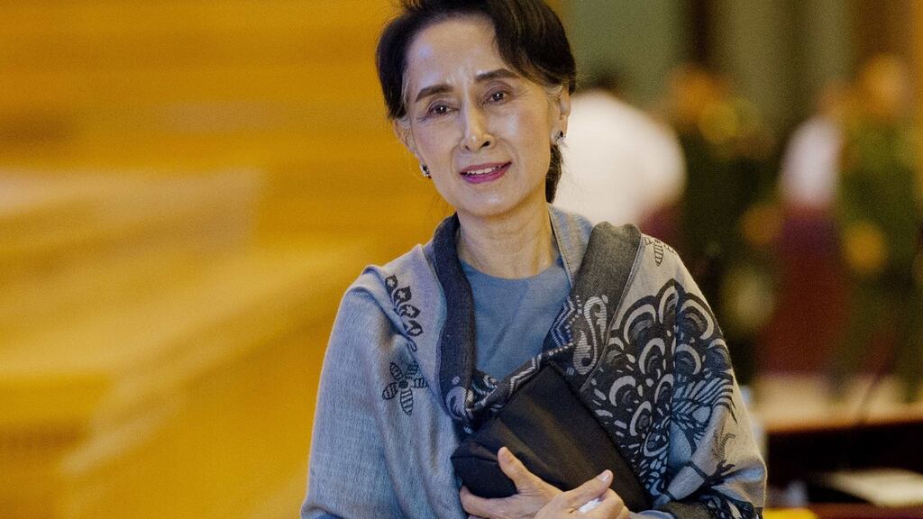 National League for Democracy leader Aung San Suu Kyi leaves after the last day of the parliament’s lower house regular session. Photograph: Ye Aung/AFP/Getty Images