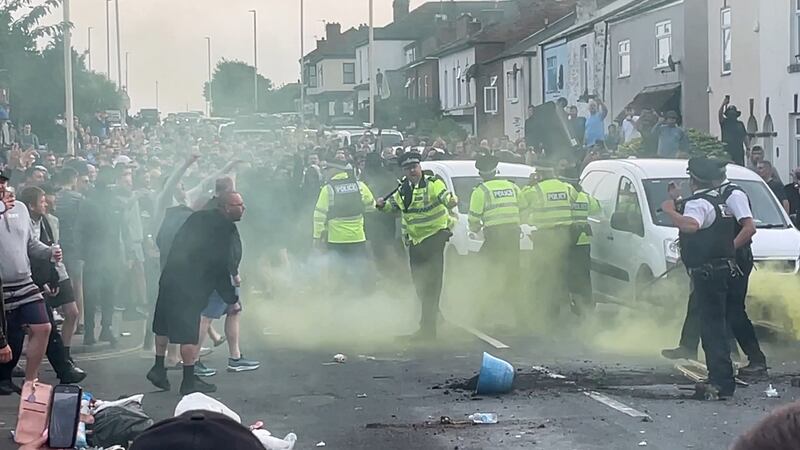 Trouble flares during a protest in Southport after three children died in a 'ferocious' knife attack at a dance school on Monday. Photograph: Richard McCarthy/PA Wire