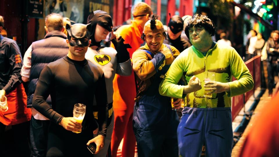 9.45pm: Catwoman, aka Newcastle fireman Lee Llewellyn, on his stag with Batman, the Flash, Mr T and the Incredible Hulk. Photograph: Aidan Crawley