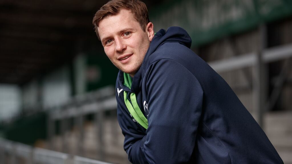 Jack Carty pictured at the Sportsground in Galway after signing a two-year extension to his Connacht deal. Photograph: James Crombie/Inpho