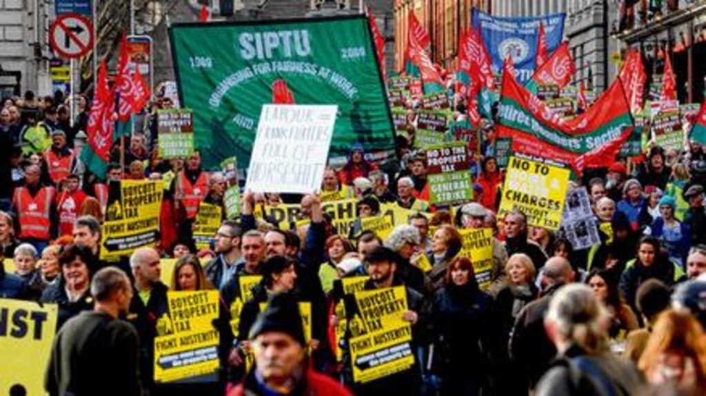Tens of thousands attended the Dublin anti-austerity march organised by the Irish Congress of Trade Unions on Saturday. Addressing the rally in Dublin, Ictu's David Begg said the campaign would go on until the agreement reached in June last year by European leaders to separate bank debt from sovereign debt was honoured in full. photograph: dara mac dónaill