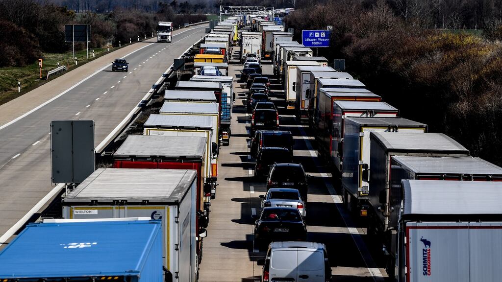 Trucks are stuck in 60km long traffic jam as the wait for border control on the motorway A4 near Bautzen, Germany, on Wednesday. Photograph: EPA
